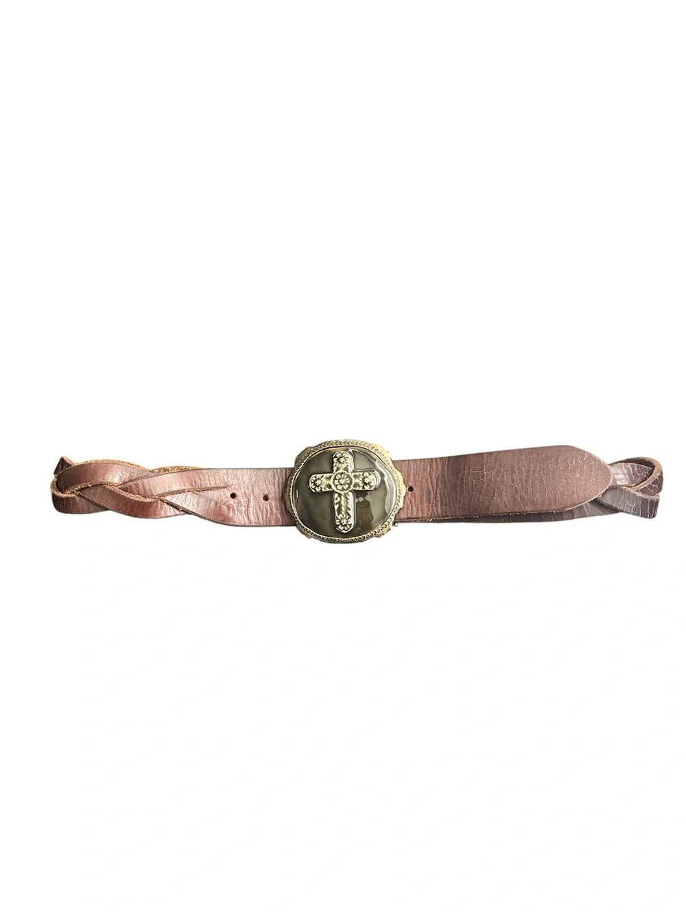 Lucky Brand Brown Braided Leather Belt with Enamel Floral Cross Buckle